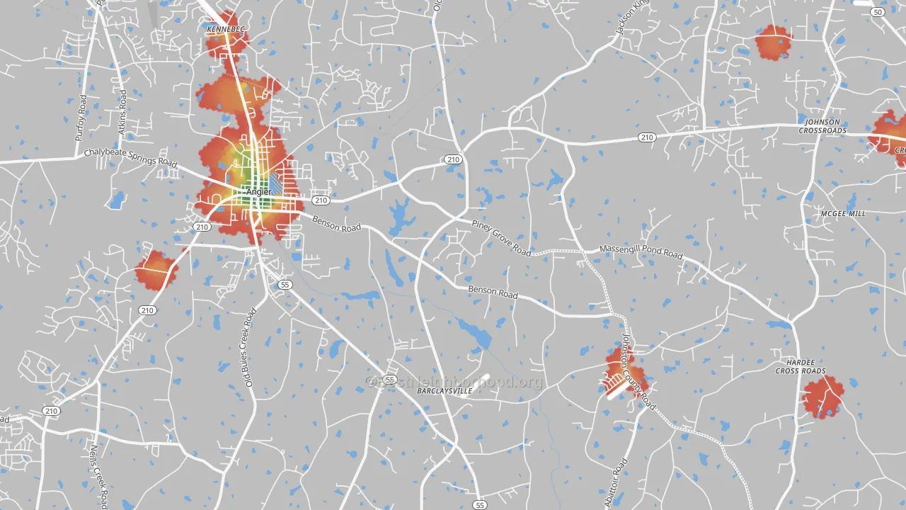 Walk Grade map of 27501, NC, walkable areas in green and car-dependent areas in red