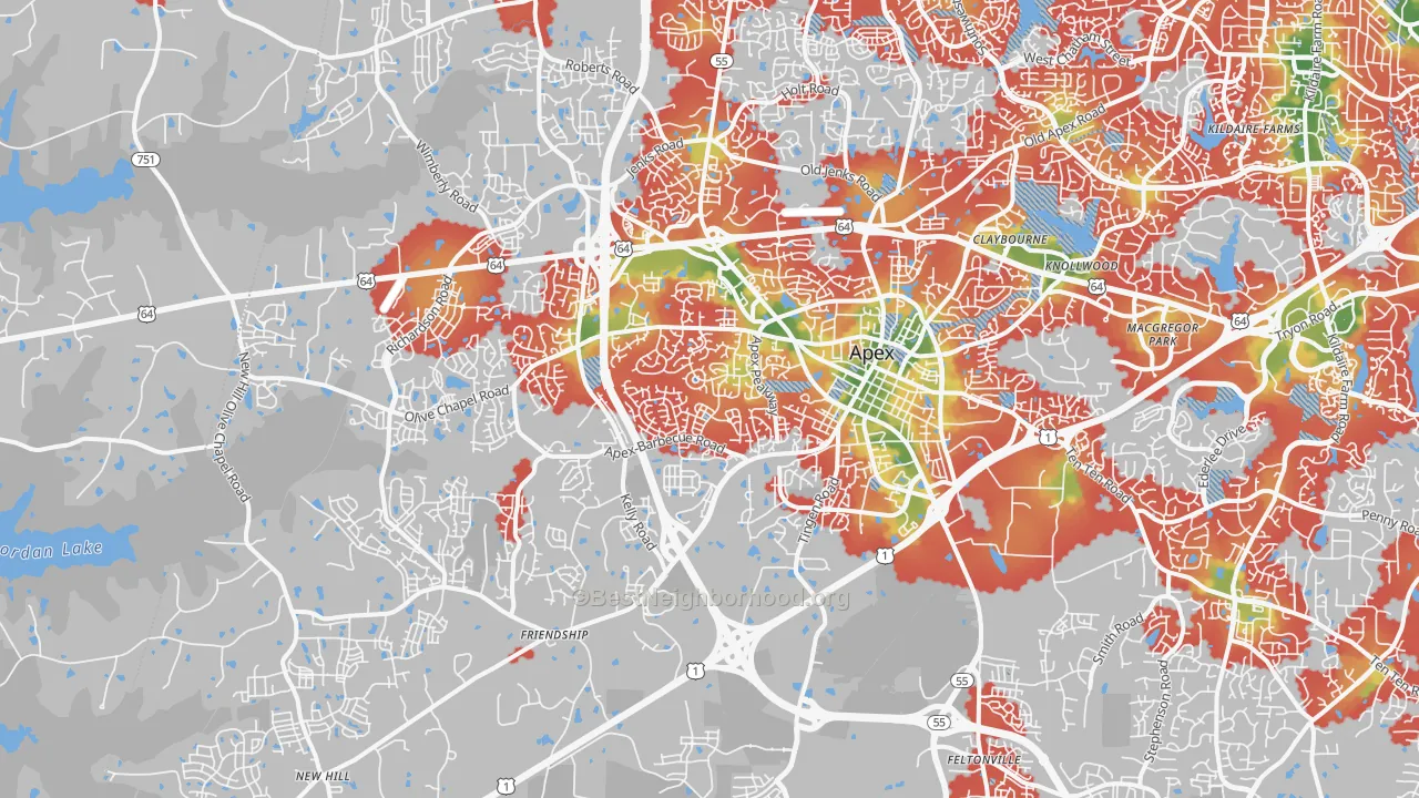 Walk Grade map of 27502, NC, walkable areas in green and car-dependent areas in red