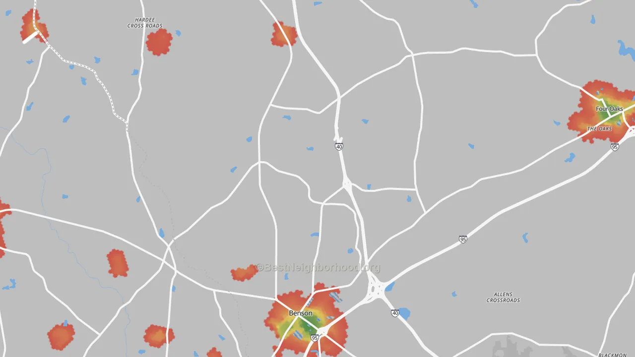 Walk Grade map of 27504, NC, walkable areas in green and car-dependent areas in red