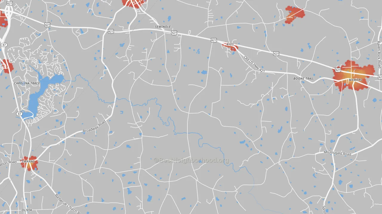 Walk Grade map of 27505, NC, walkable areas in green and car-dependent areas in red
