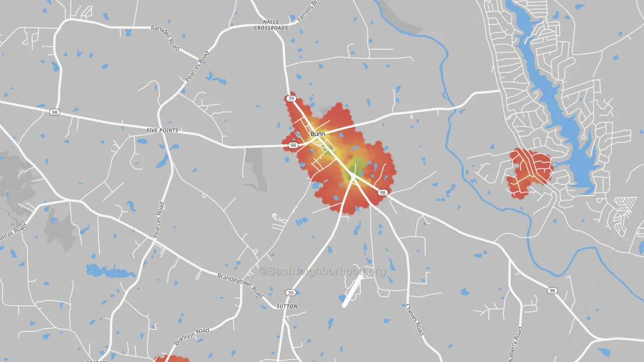 Walk Grade map of 27508, NC, walkable areas in green and car-dependent areas in red
