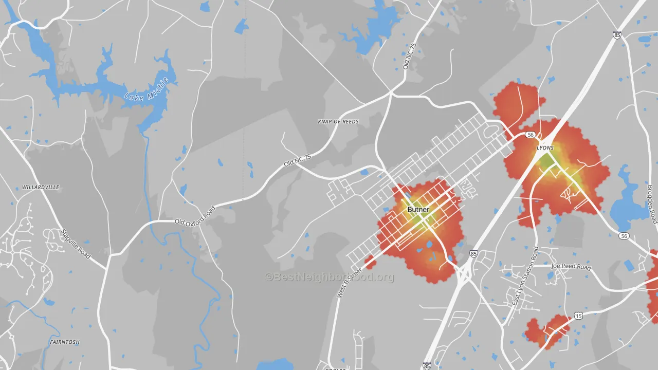 Walk Grade map of 27509, NC, walkable areas in green and car-dependent areas in red