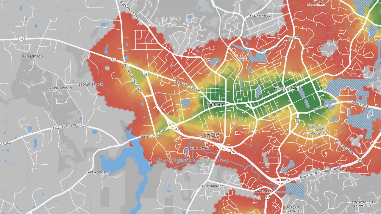 Walk Grade map of 27510, NC, walkable areas in green and car-dependent areas in red