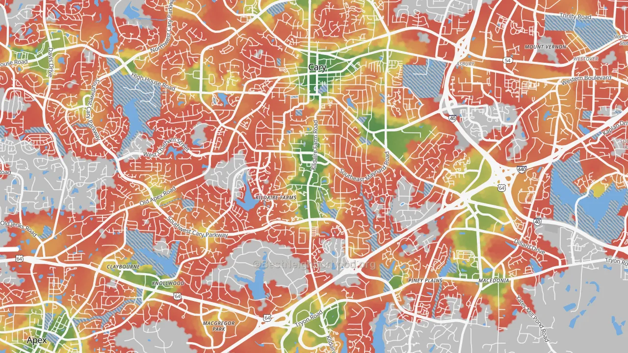 Walk Grade map of 27511, NC, walkable areas in green and car-dependent areas in red