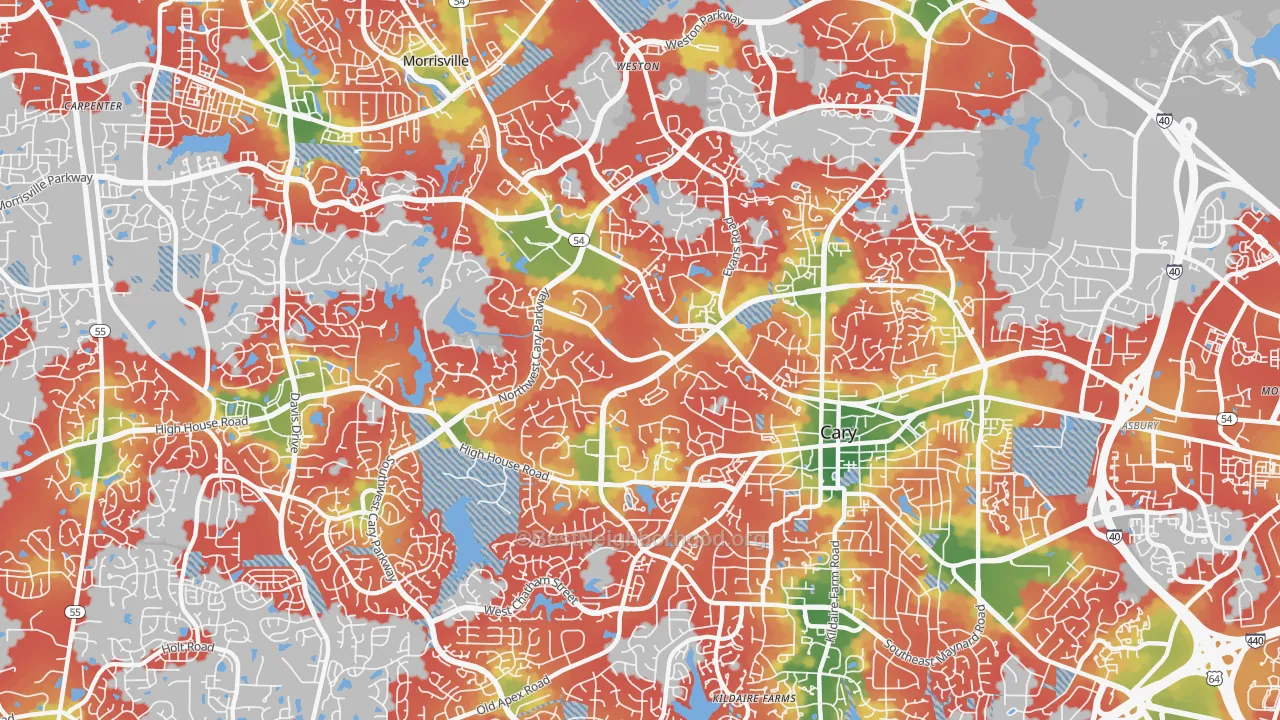 Walk Grade map of 27513, NC, walkable areas in green and car-dependent areas in red