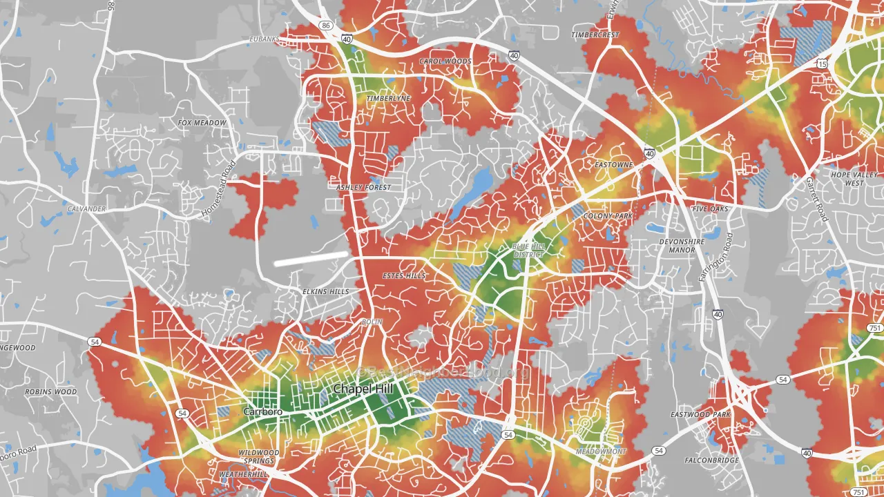 Walk Grade map of 27514, NC, walkable areas in green and car-dependent areas in red