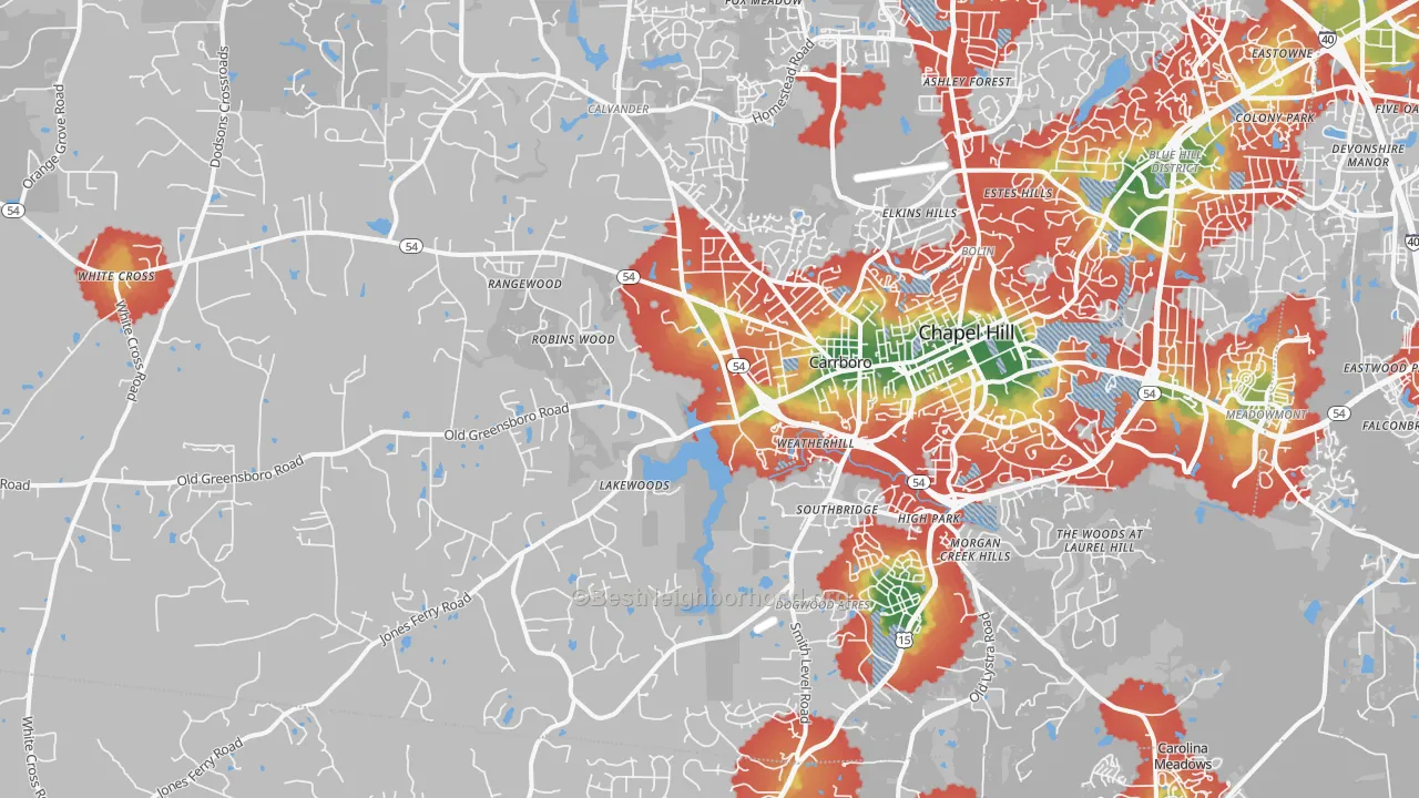 Walk Grade map of 27516, NC, walkable areas in green and car-dependent areas in red