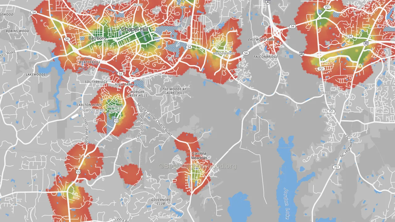 Walk Grade map of 27517, NC, walkable areas in green and car-dependent areas in red