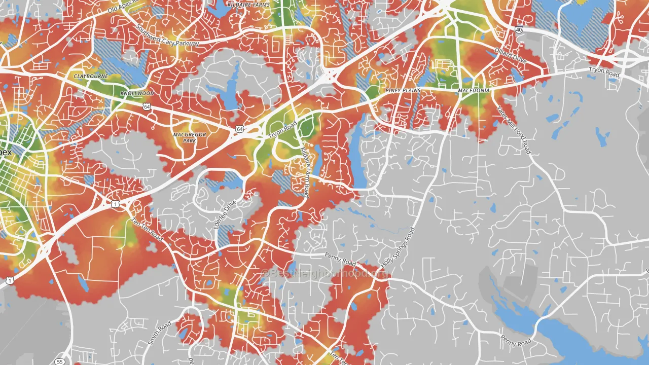 Walk Grade map of 27518, NC, walkable areas in green and car-dependent areas in red
