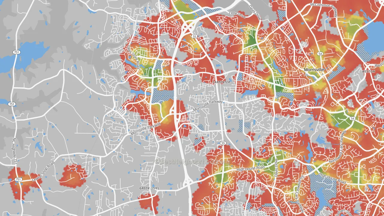 Walk Grade map of 27519, NC, walkable areas in green and car-dependent areas in red