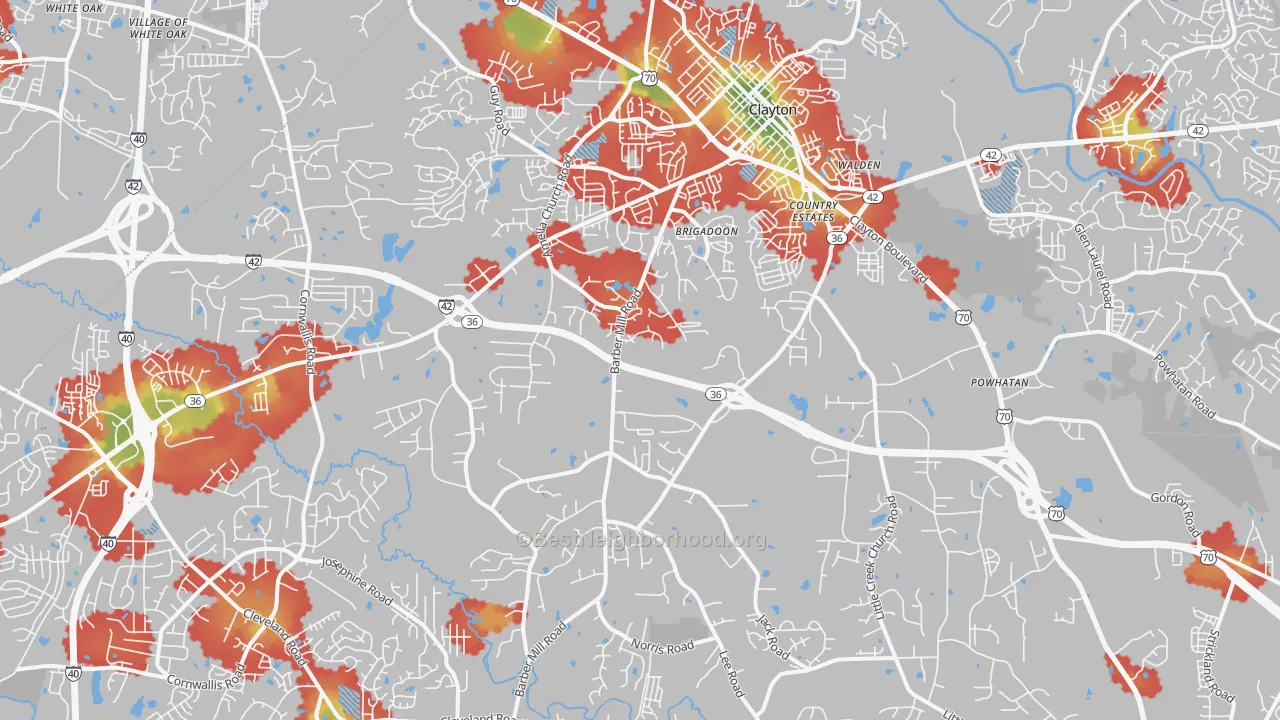 Walk Grade map of 27520, NC, walkable areas in green and car-dependent areas in red