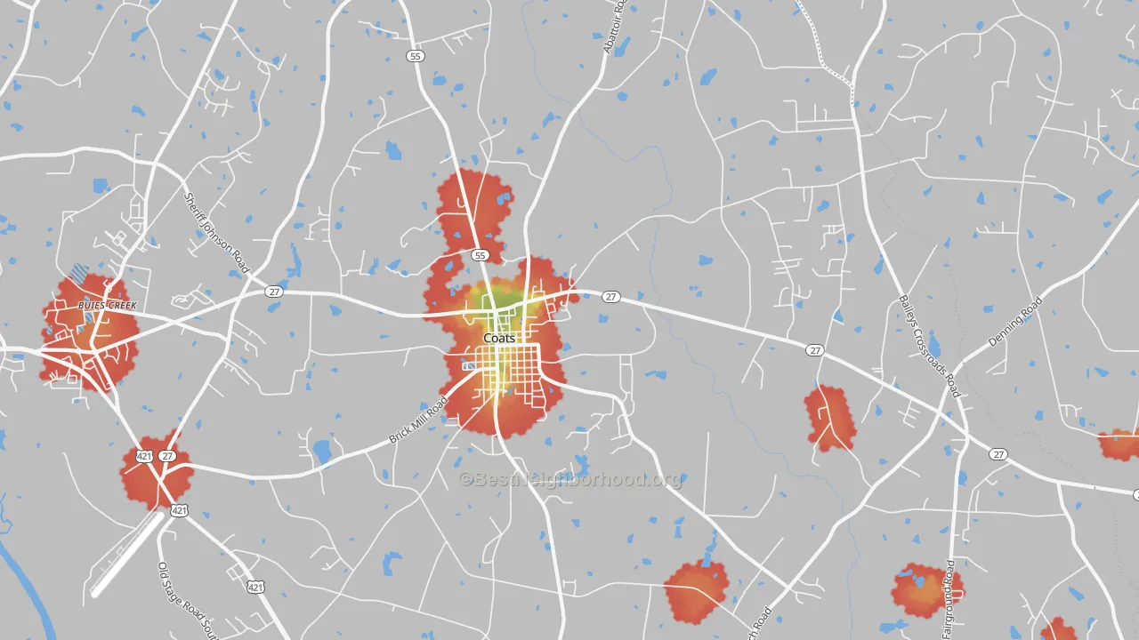 Walk Grade map of 27521, NC, walkable areas in green and car-dependent areas in red