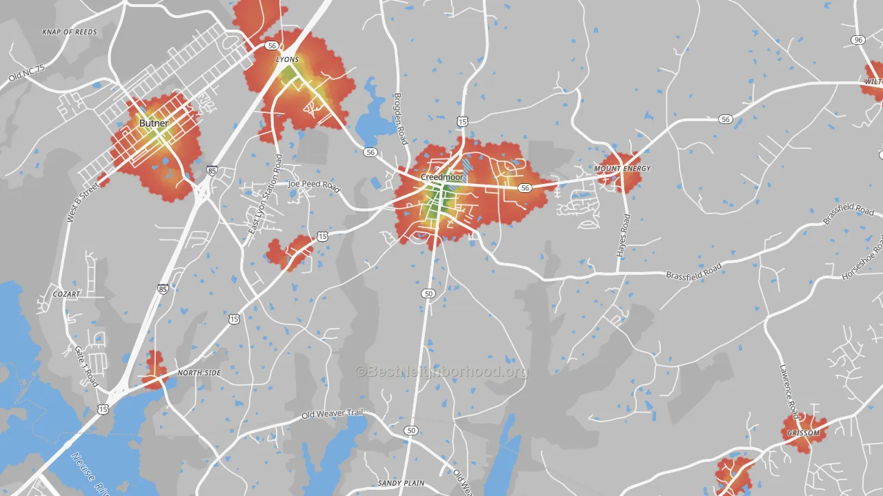 Walk Grade map of 27522, NC, walkable areas in green and car-dependent areas in red