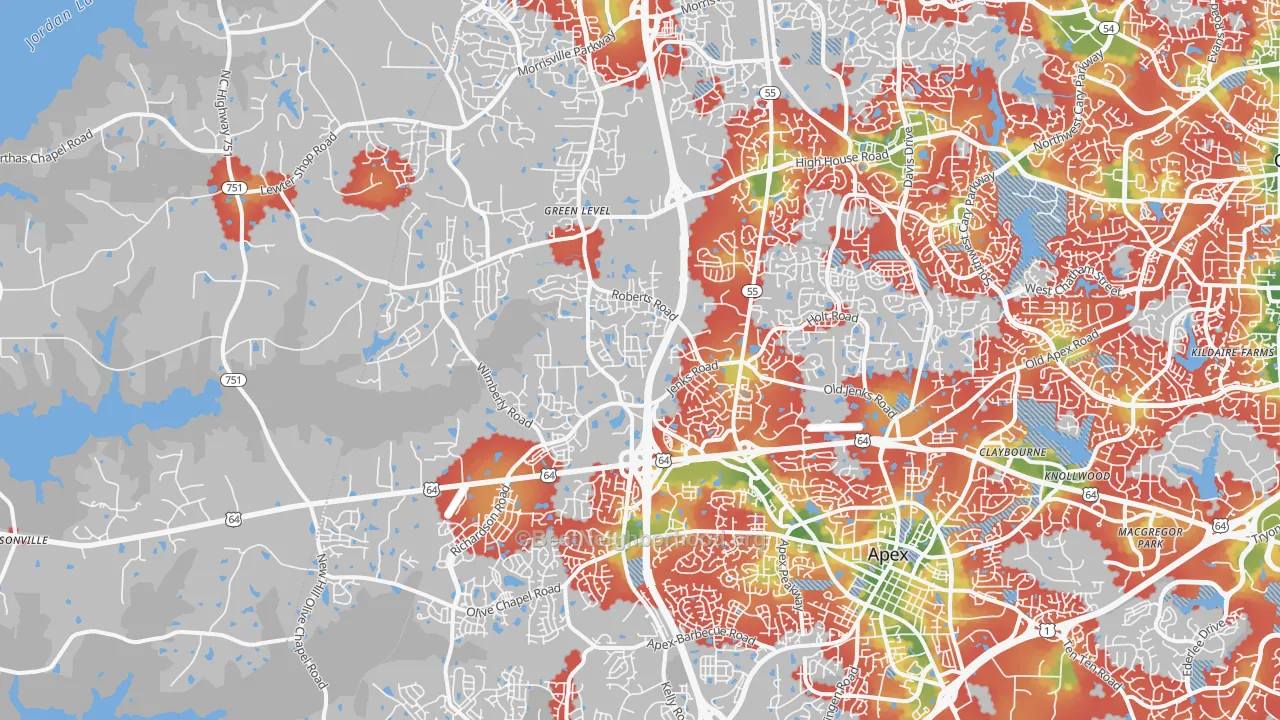 Walk Grade map of 27523, NC, walkable areas in green and car-dependent areas in red