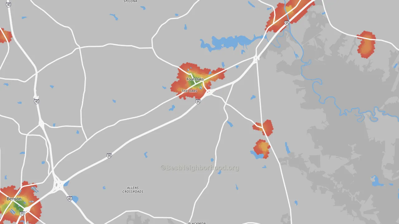 Walk Grade map of 27524, NC, walkable areas in green and car-dependent areas in red