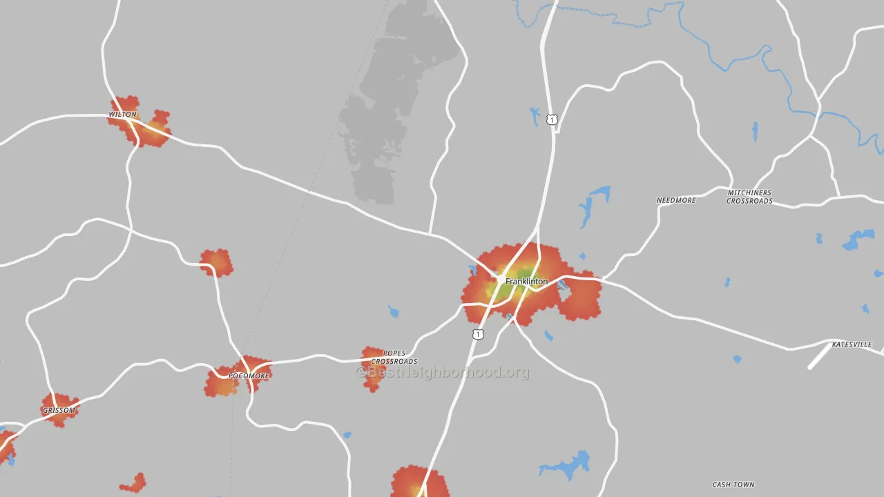 Walk Grade map of 27525, NC, walkable areas in green and car-dependent areas in red