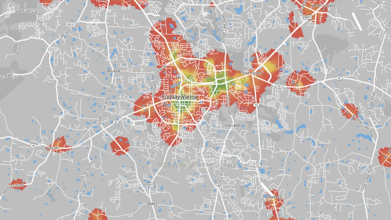 Walk Grade map of 27526, NC, walkable areas in green and car-dependent areas in red