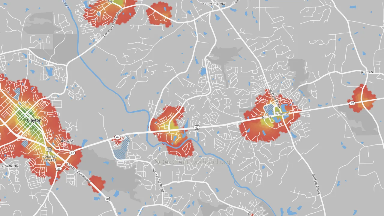 Walk Grade map of 27527, NC, walkable areas in green and car-dependent areas in red
