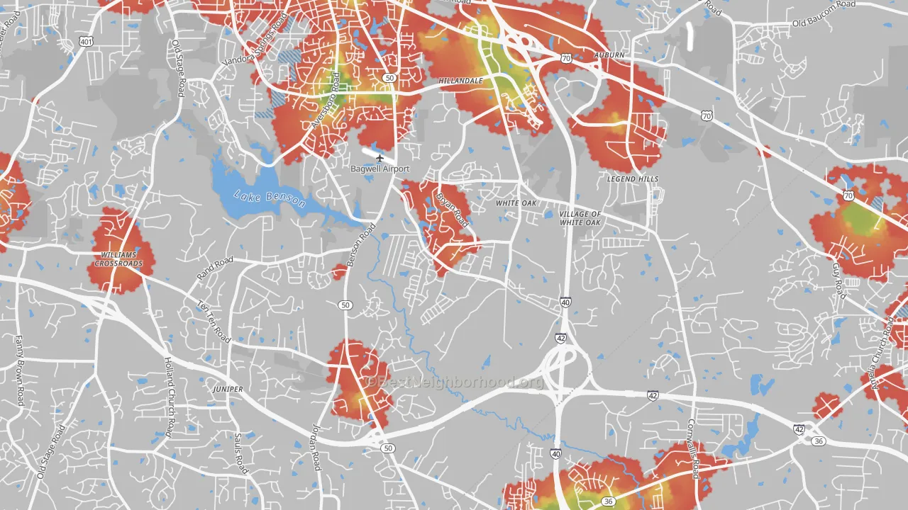 Walk Grade map of 27529, NC, walkable areas in green and car-dependent areas in red