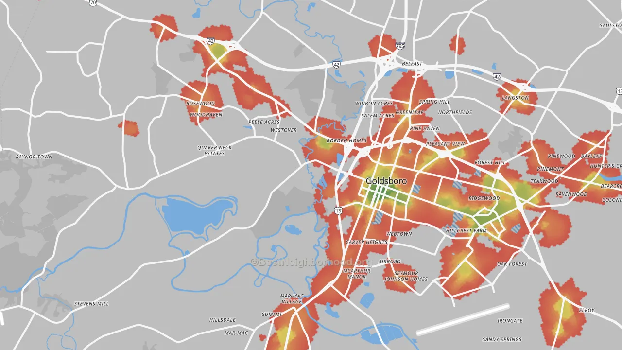 Walk Grade map of 27530, NC, walkable areas in green and car-dependent areas in red