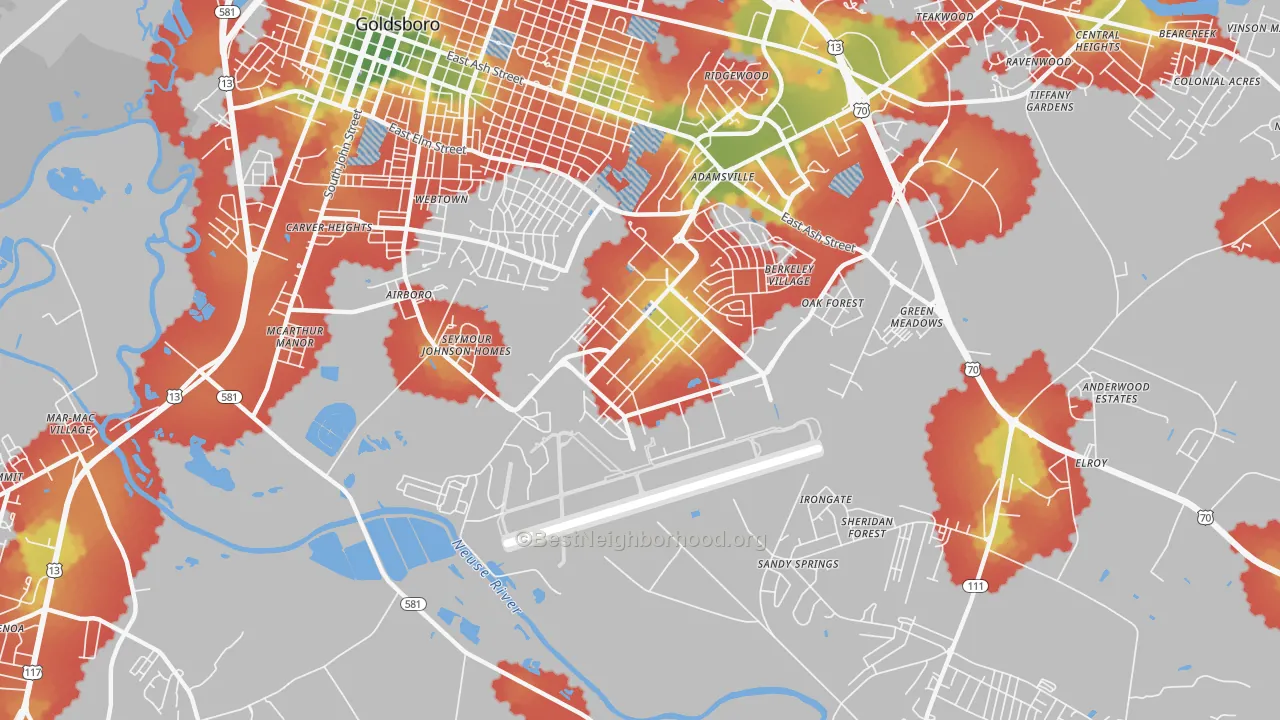 Walk Grade map of 27531, NC, walkable areas in green and car-dependent areas in red