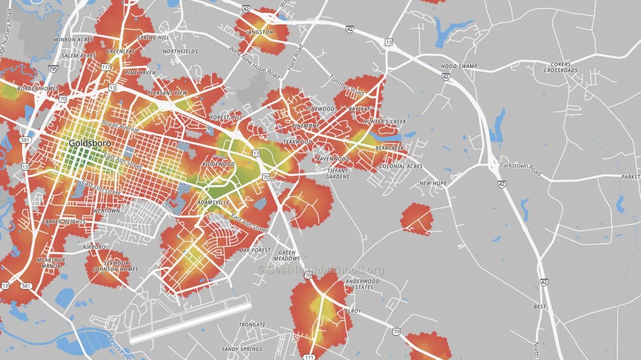 Walk Grade map of 27534, NC, walkable areas in green and car-dependent areas in red