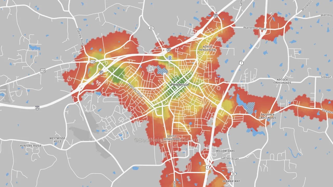 Walk Grade map of 27536, NC, walkable areas in green and car-dependent areas in red