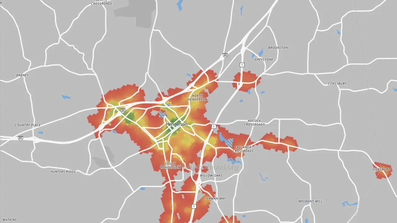 Walk Grade map of 27537, NC, walkable areas in green and car-dependent areas in red