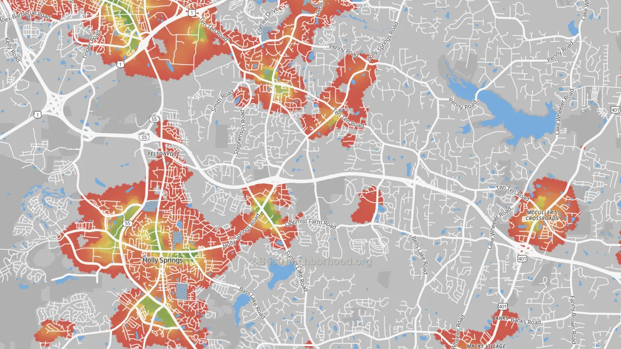 Walk Grade map of 27539, NC, walkable areas in green and car-dependent areas in red