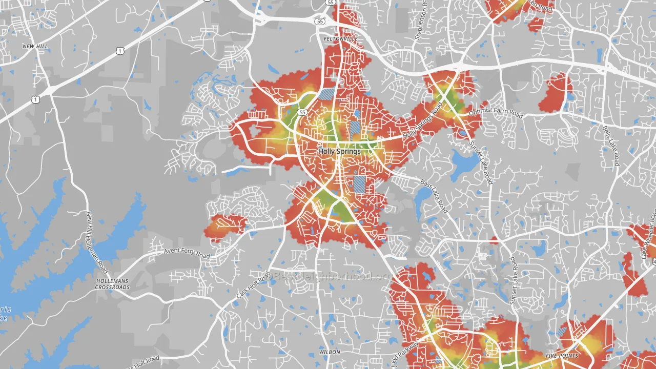 Walk Grade map of 27540, NC, walkable areas in green and car-dependent areas in red