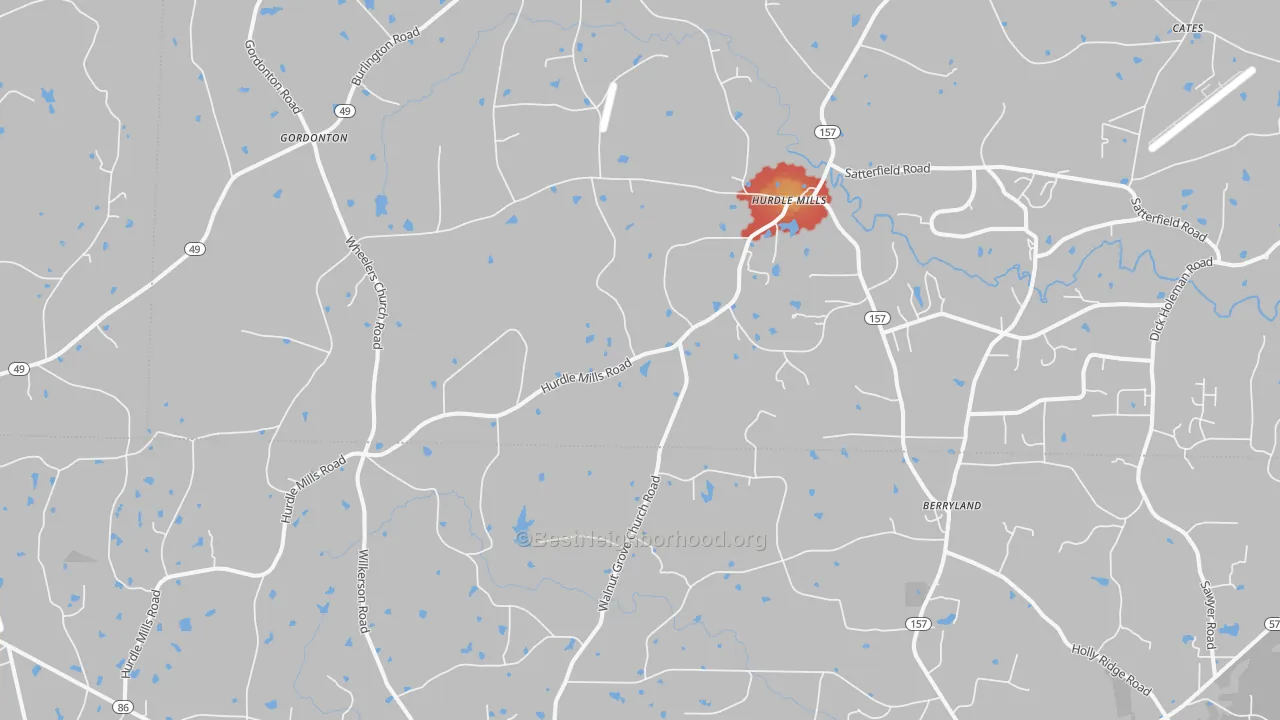 Walk Grade map of 27541, NC, walkable areas in green and car-dependent areas in red