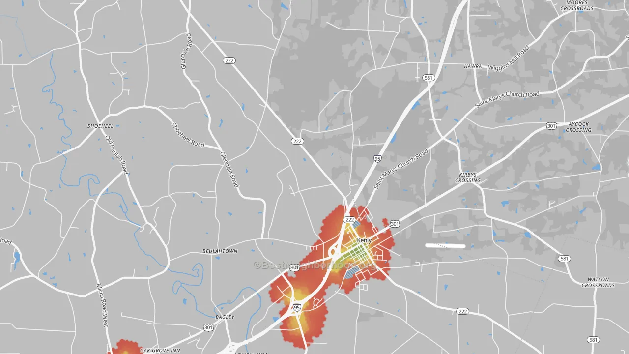 Walk Grade map of 27542, NC, walkable areas in green and car-dependent areas in red