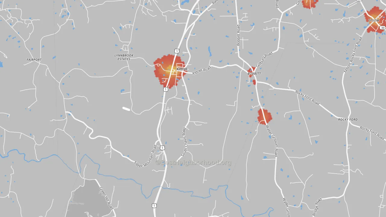 Walk Grade map of 27544, NC, walkable areas in green and car-dependent areas in red