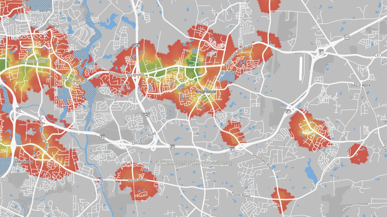 Walk Grade map of 27545, NC, walkable areas in green and car-dependent areas in red