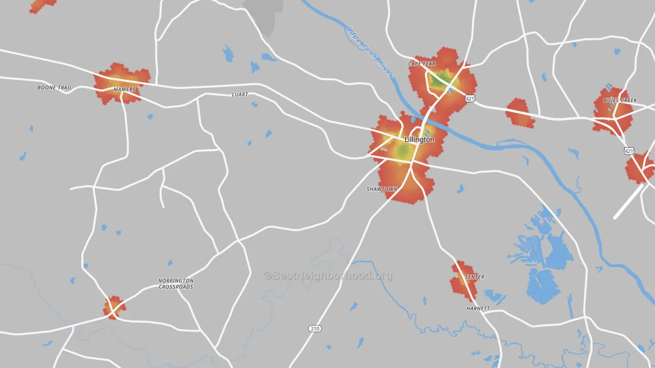 Walk Grade map of 27546, NC, walkable areas in green and car-dependent areas in red