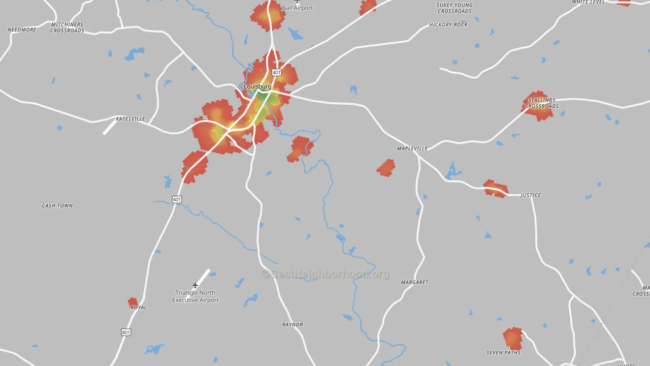 Walk Grade map of 27549, NC, walkable areas in green and car-dependent areas in red