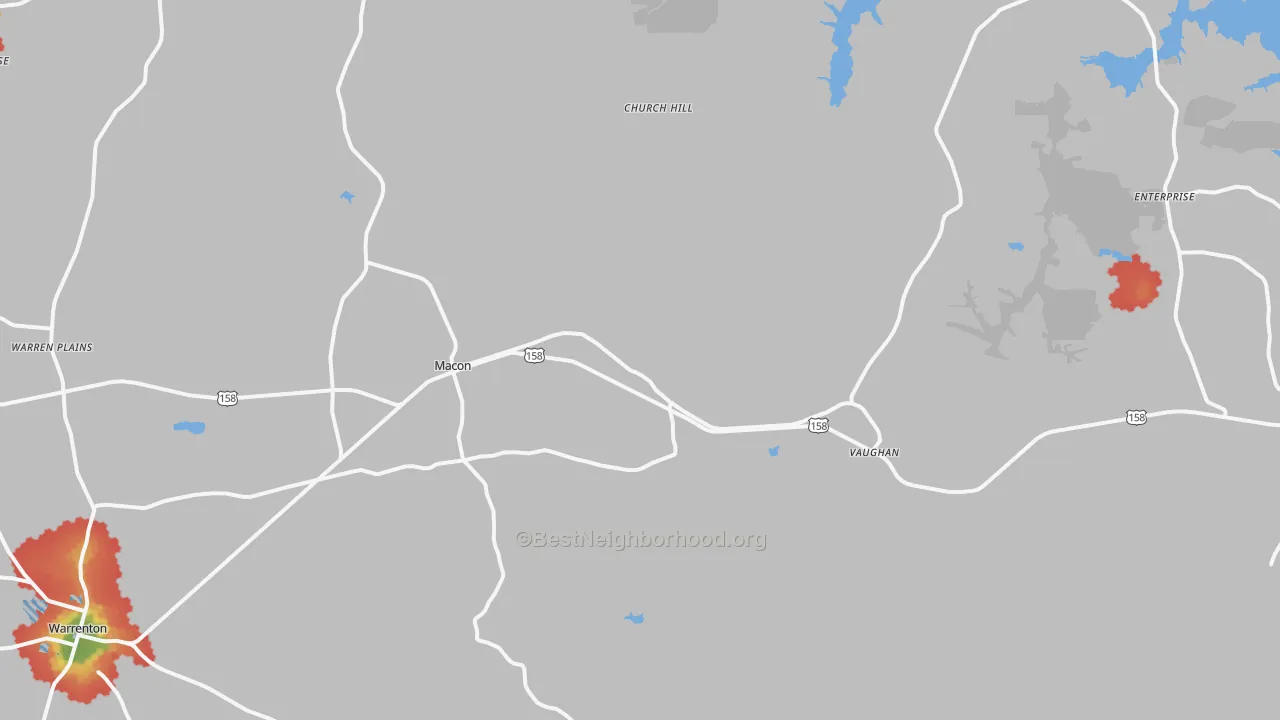 Walk Grade map of 27551, NC, walkable areas in green and car-dependent areas in red