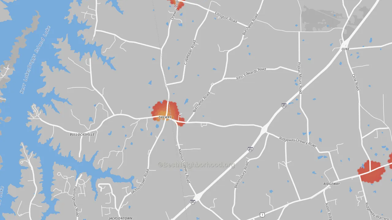 Walk Grade map of 27553, NC, walkable areas in green and car-dependent areas in red