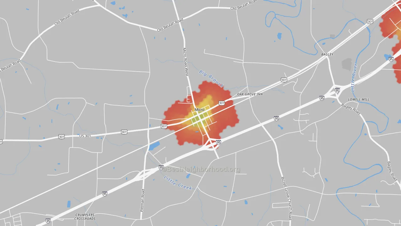 Walk Grade map of 27555, NC, walkable areas in green and car-dependent areas in red