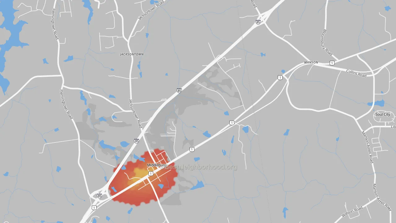 Walk Grade map of 27556, NC, walkable areas in green and car-dependent areas in red