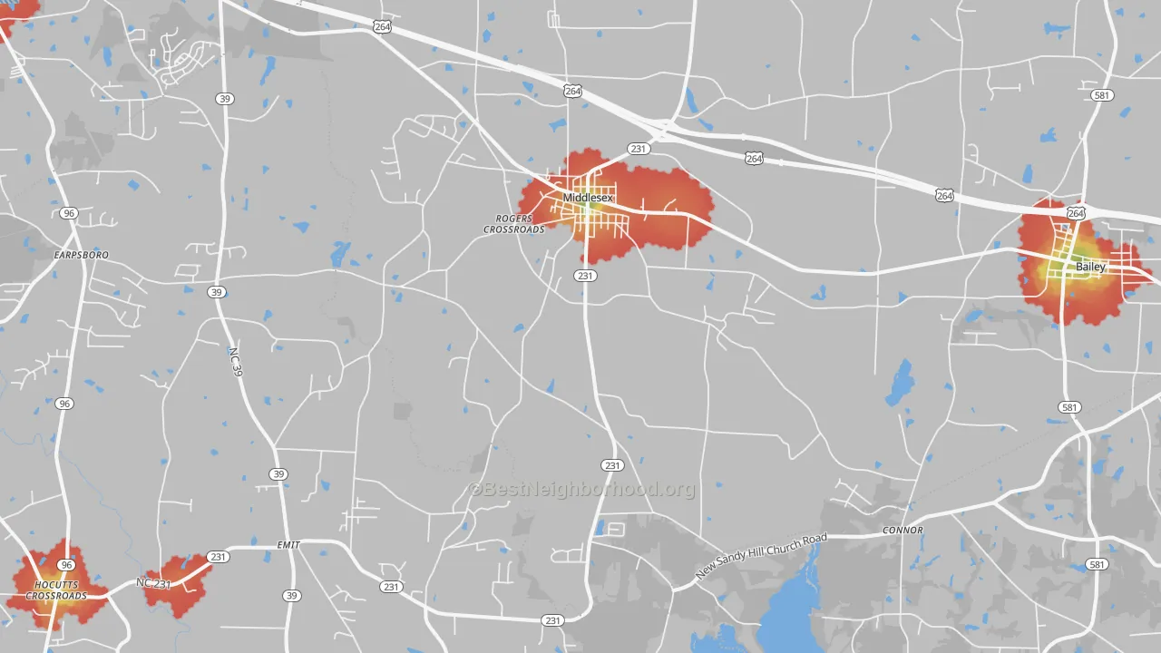 Walk Grade map of 27557, NC, walkable areas in green and car-dependent areas in red