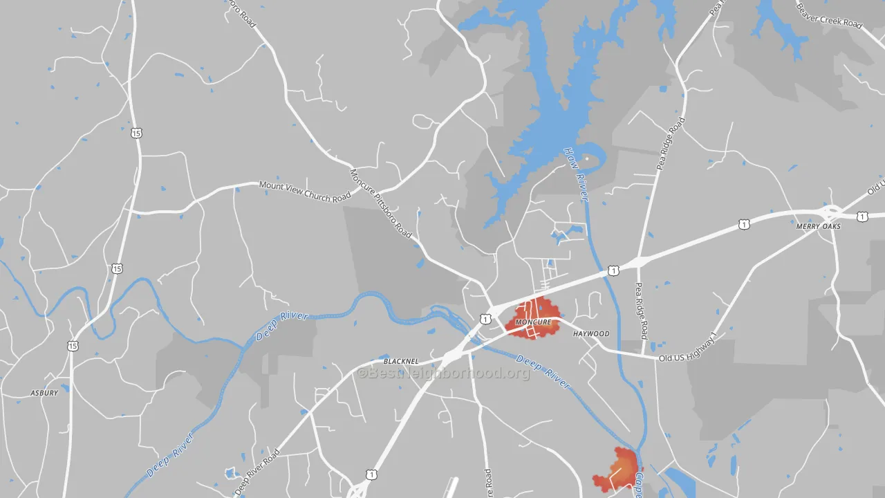 Walk Grade map of 27559, NC, walkable areas in green and car-dependent areas in red