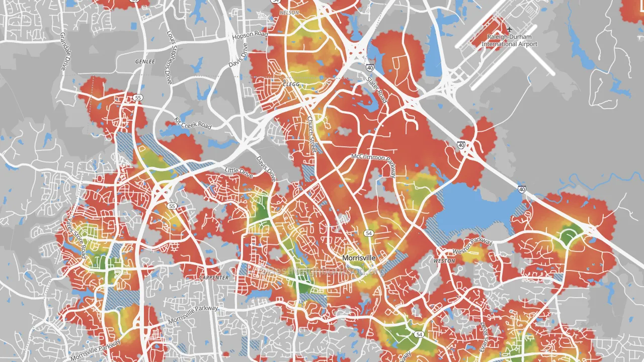 Walk Grade map of 27560, NC, walkable areas in green and car-dependent areas in red