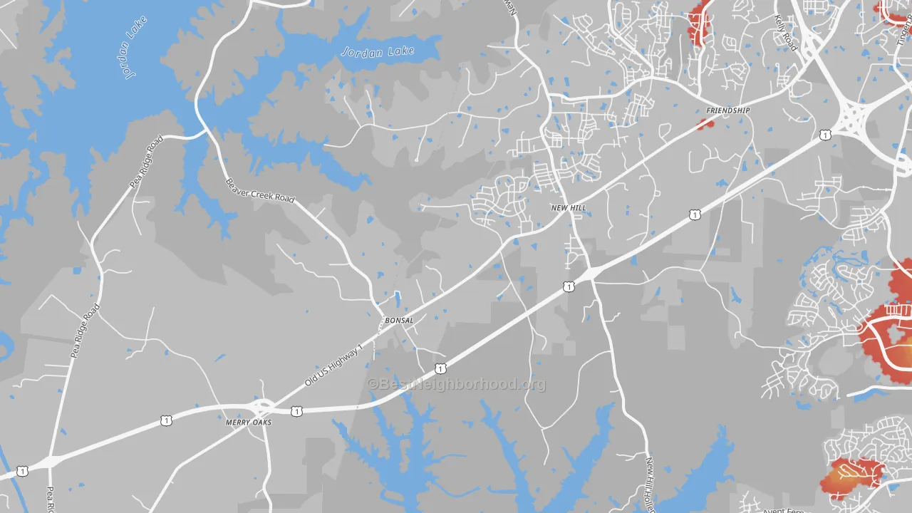 Walk Grade map of 27562, NC, walkable areas in green and car-dependent areas in red