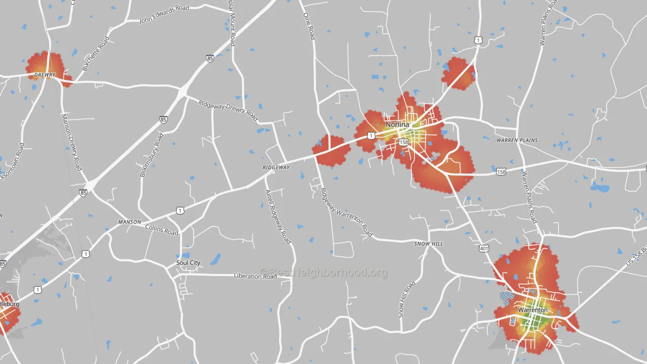 Walk Grade map of 27563, NC, walkable areas in green and car-dependent areas in red