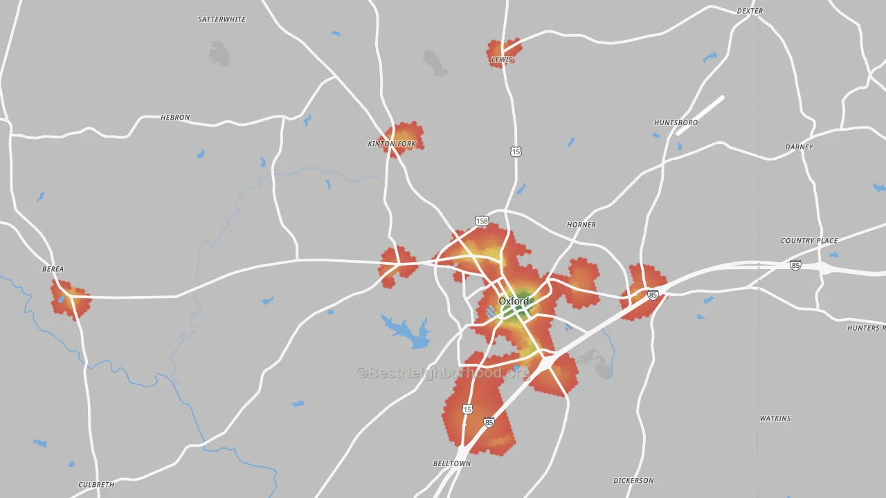 Walk Grade map of 27565, NC, walkable areas in green and car-dependent areas in red