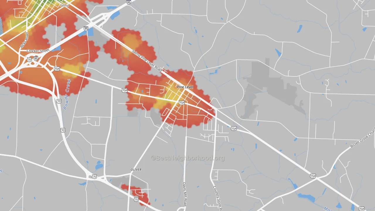 Walk Grade map of 27568, NC, walkable areas in green and car-dependent areas in red