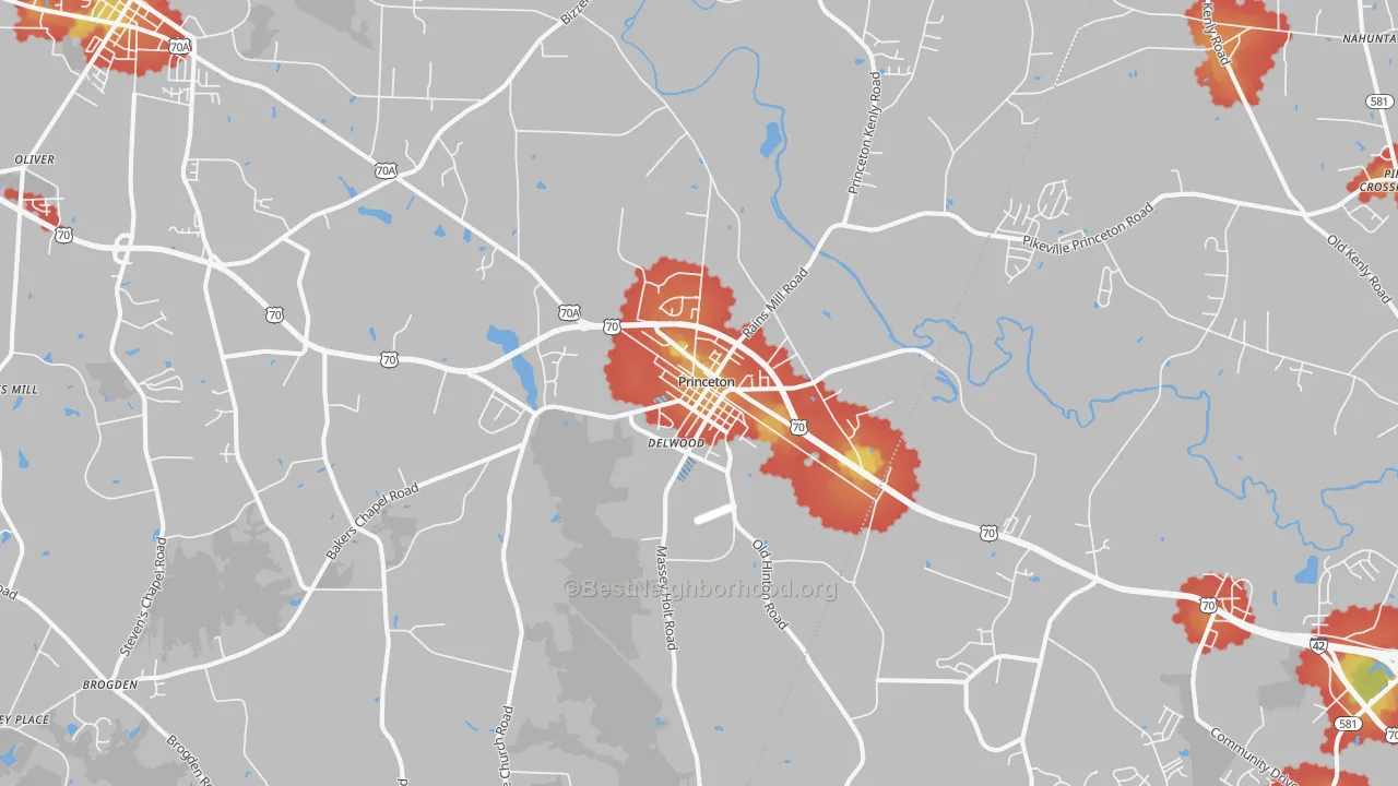 Walk Grade map of 27569, NC, walkable areas in green and car-dependent areas in red
