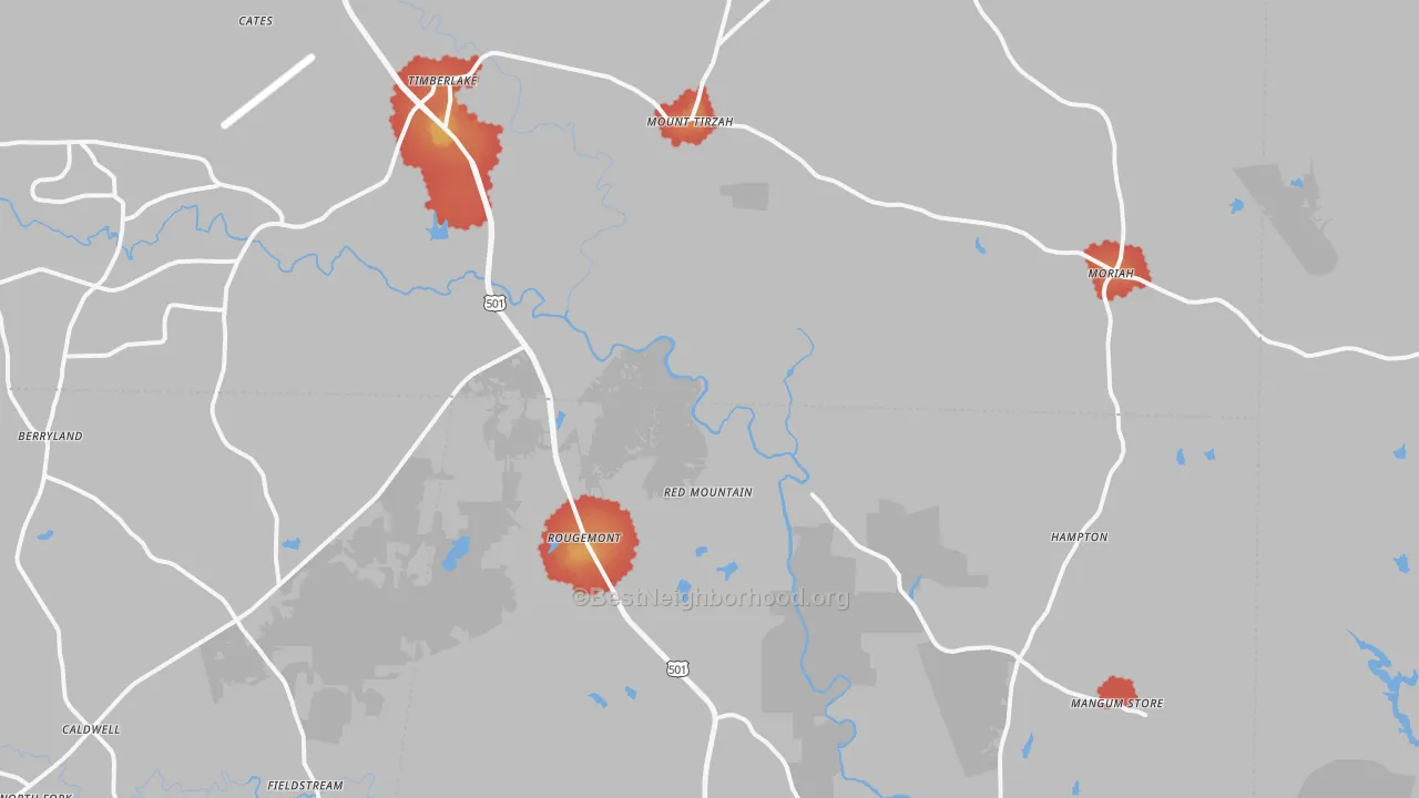 Walk Grade map of 27572, NC, walkable areas in green and car-dependent areas in red