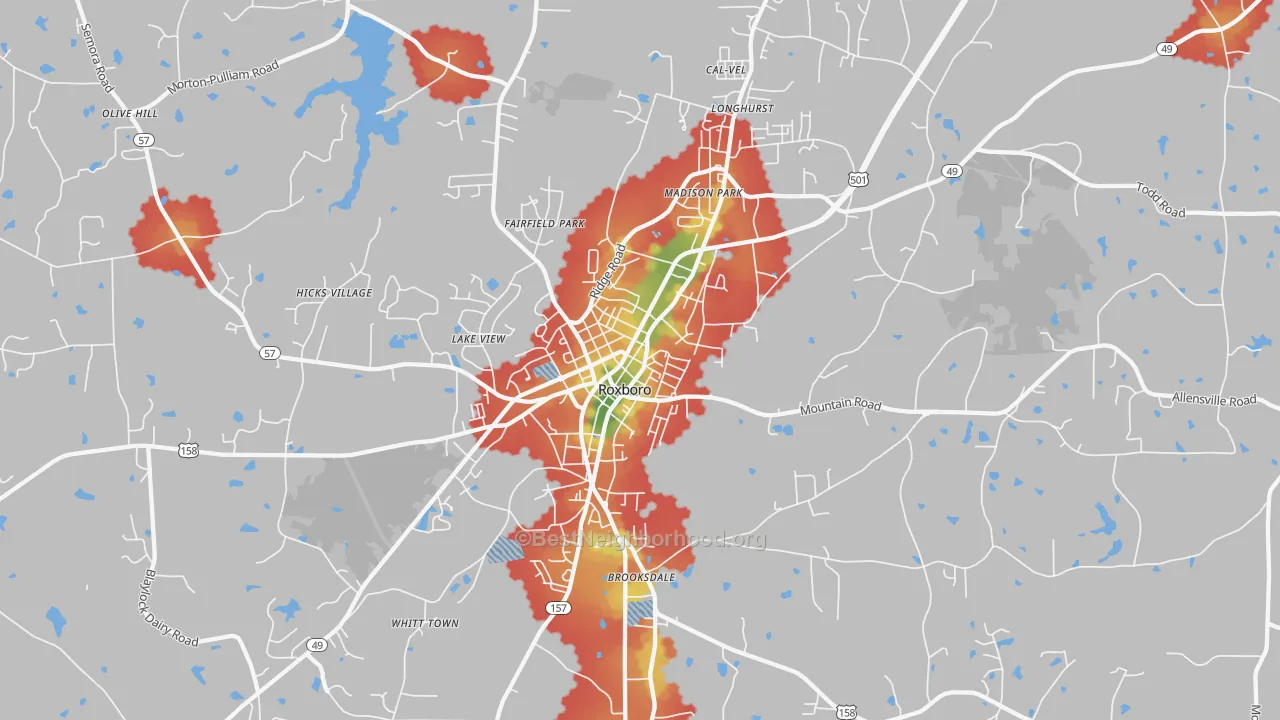 Walk Grade map of 27573, NC, walkable areas in green and car-dependent areas in red